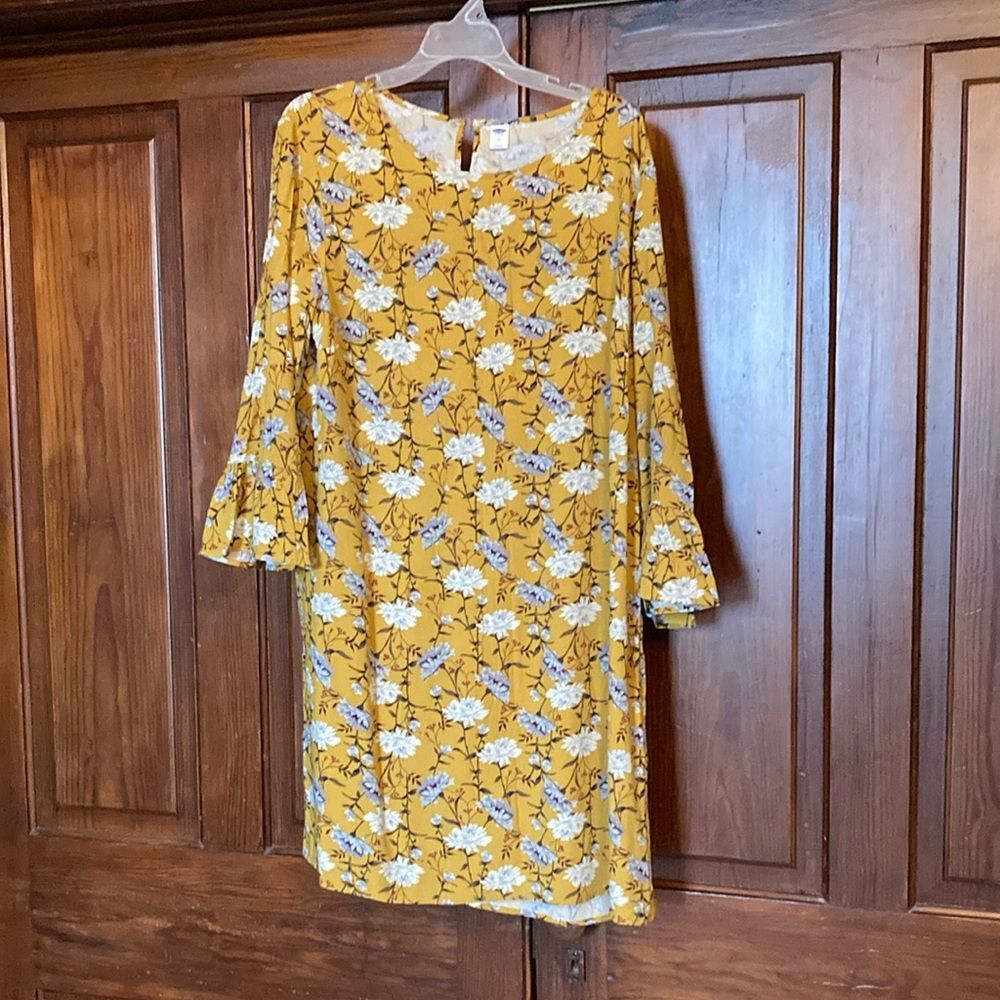 Old Navy Mini Shift 3/4 Flare Sleeve Floral Yellow Mustard Dress Size XL